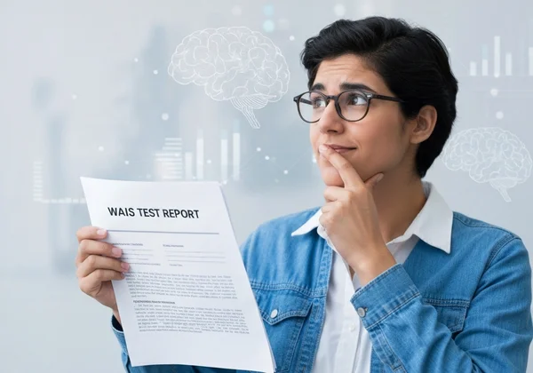 Person holds a WAIS report, contemplating scores for insights