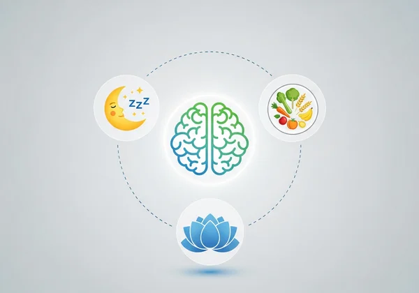 Icons representing sleep, nutrition, and calm for brain health